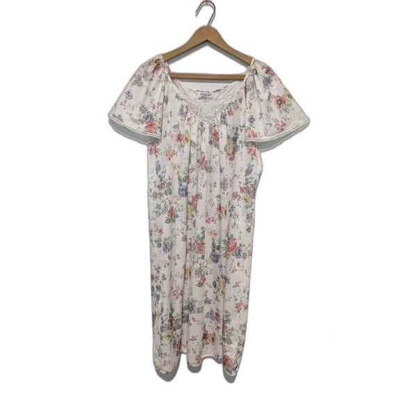 Vanity Fair Vintage Floral Midi Tricot Nightgown Women's L Flutter Sleeve Lace - Picture 1 of 4